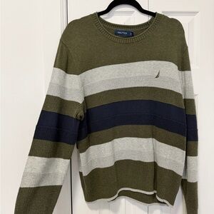 Nautica Men's Crewneck Sweater - Olive, Navy, Gray Stripes